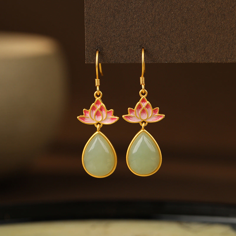 Lotus Nephrite Jade Drop Earrings-Unblemished Grace