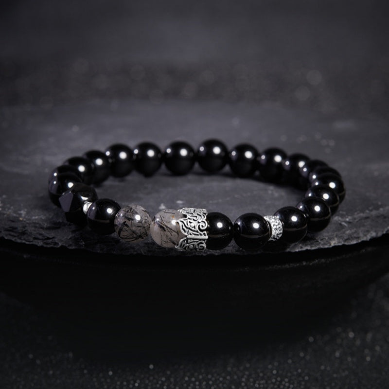 Ink Rhyme-Obsidian & Black Rutilated Quartz Beaded Bracelet