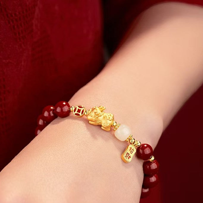 Gold Pixiu Red Cinnbar Beads Bracelet-Attract Luck