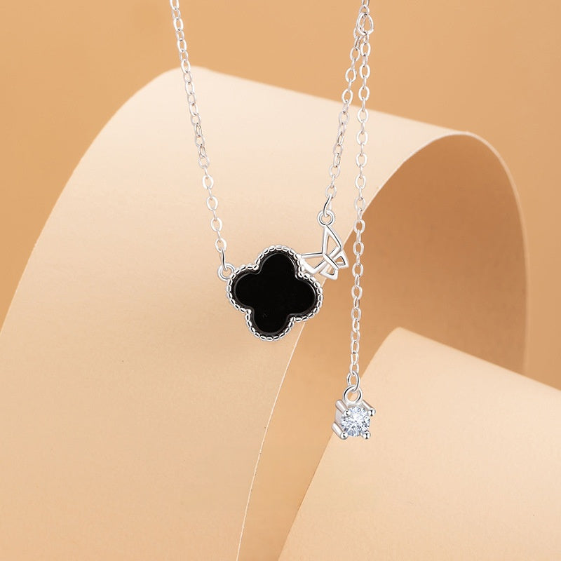 Clover and Butterfly Black Agate Necklace-A Tender Promise