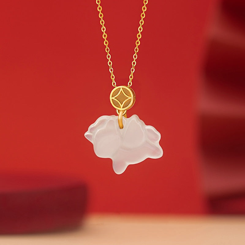 Horse & Coin White Agate Necklace-Prosperity on the Way