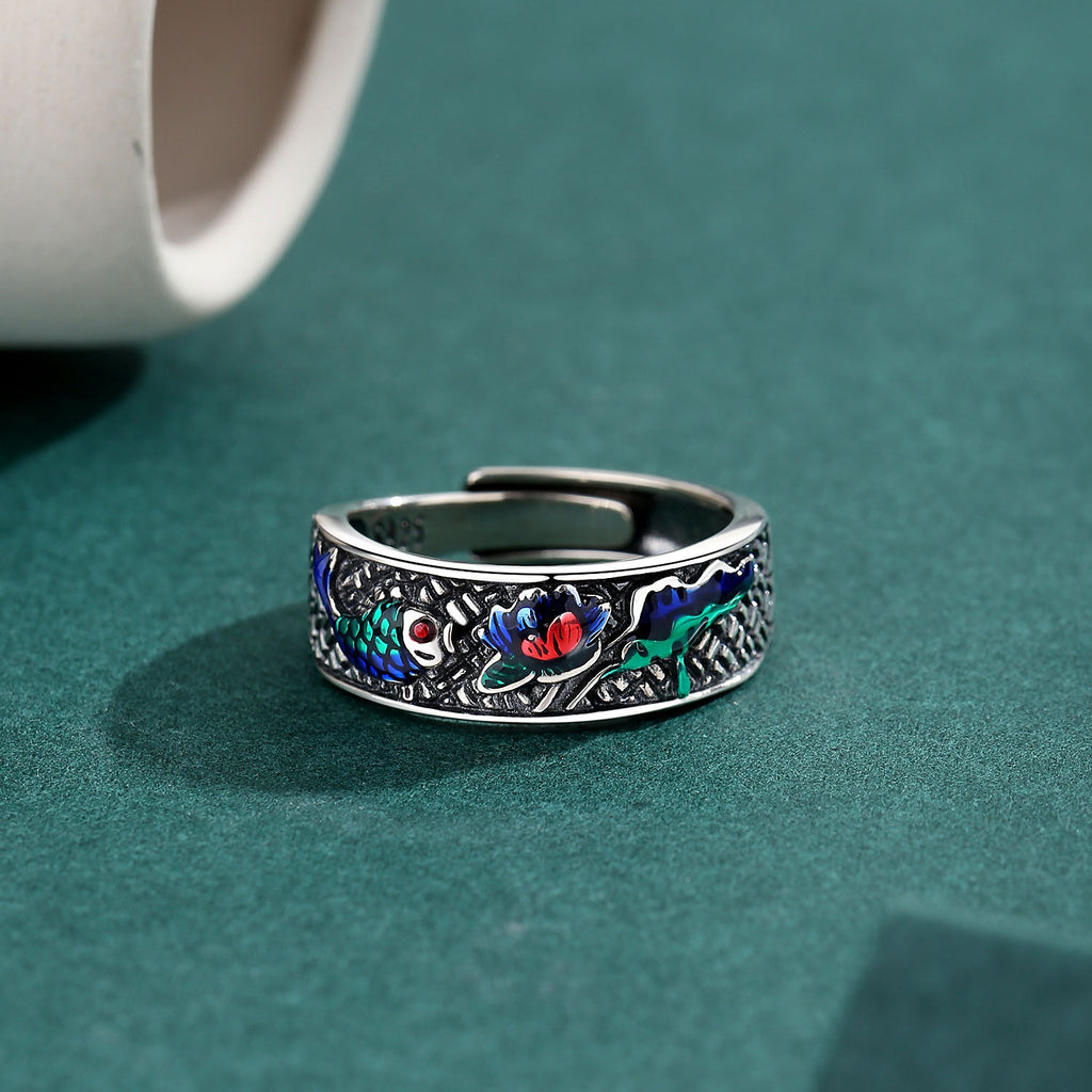 Lotus Pond Enamel S925 Silver Ring-A Small Escape