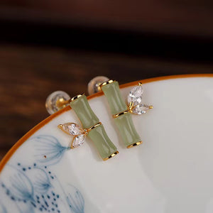 Natural Green Jade Bamboo Earrings-Prosperity Luck