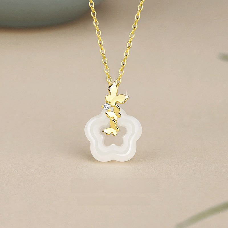 Butterfly Blossom White Nephrite Jade Pendant Necklace-Grace in Bloom