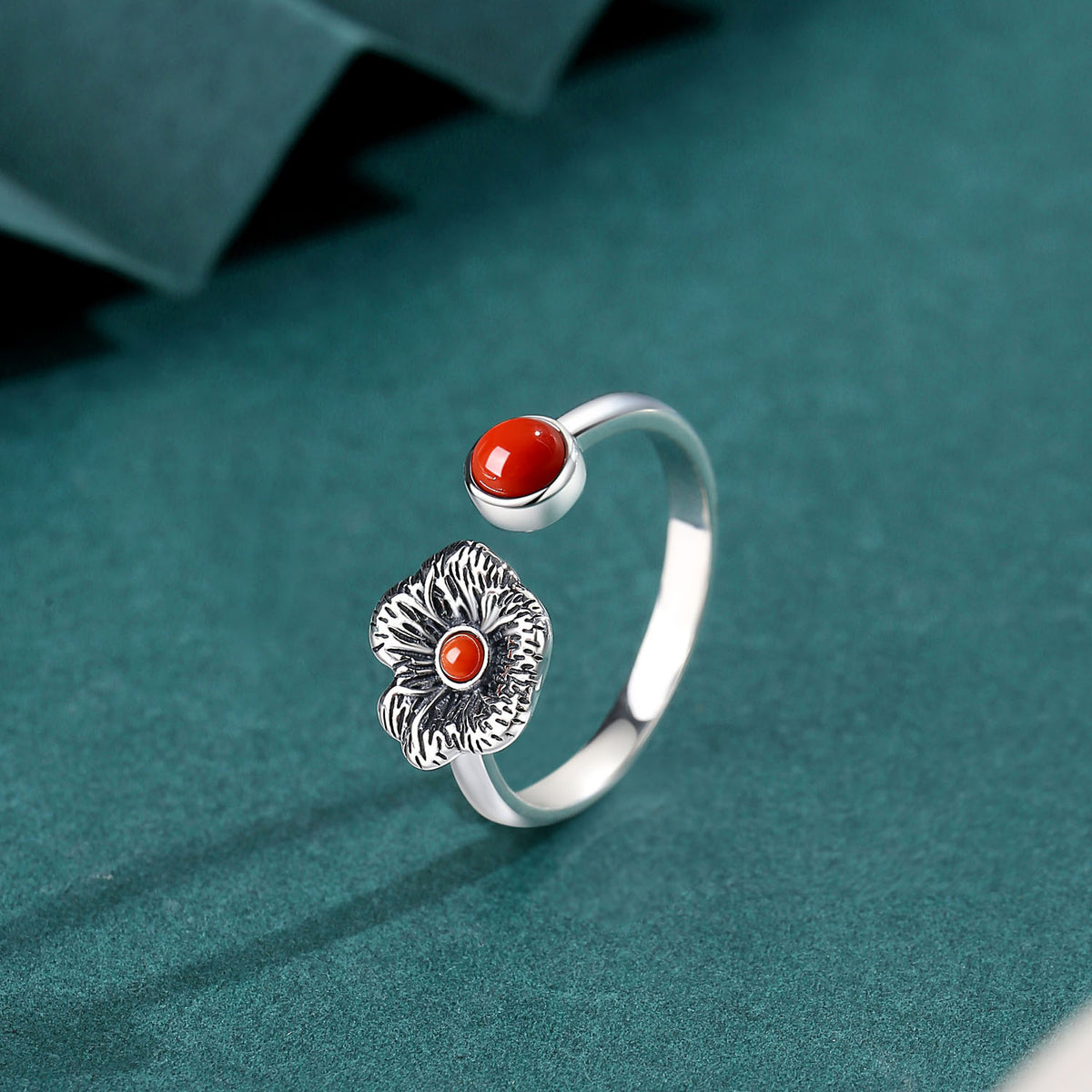 Persimmon Blossom Red Agate S925 Silver Ring-A Warm Little Bloom