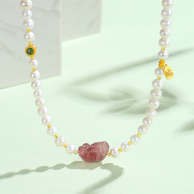 Pixiu Strawberry Quartz Sunstone Freshwater Pearl Bracelet-Joyful Blessings