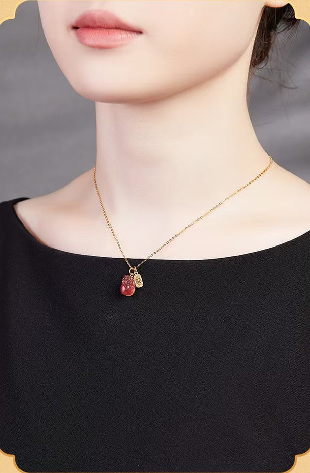 Strawberry Quartz Pixiu & Peace Amulet Pendant Necklace -Attract Luck& Peace