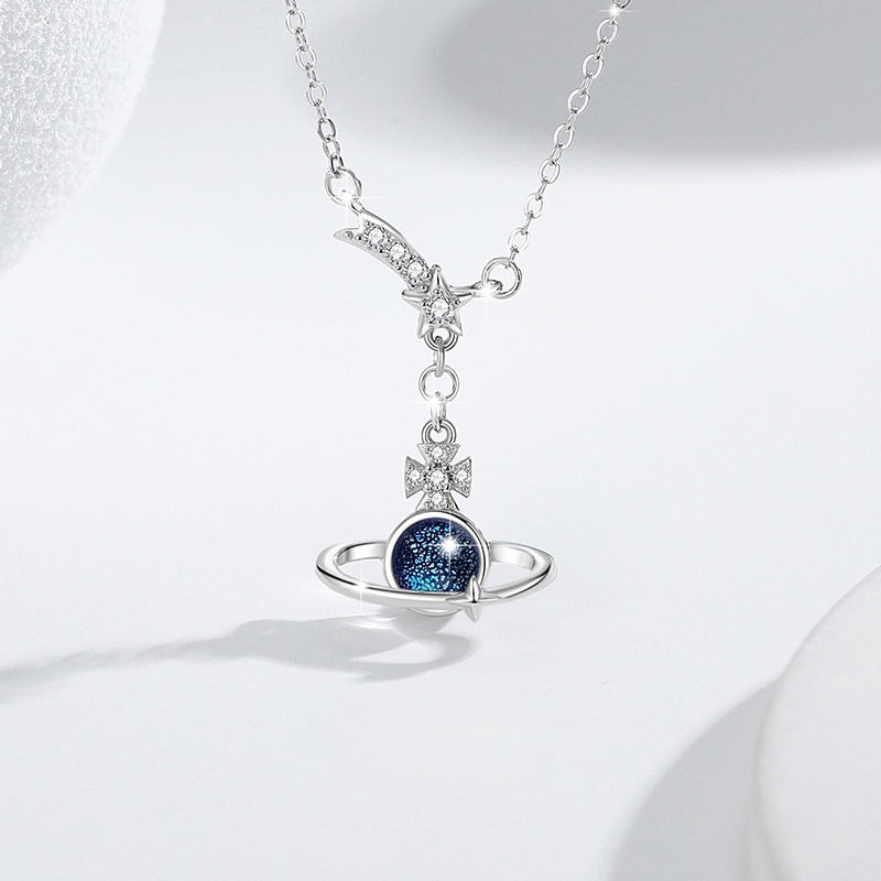 Saturn & Shooting Star Sterling Silver Necklace-Celestial Romance