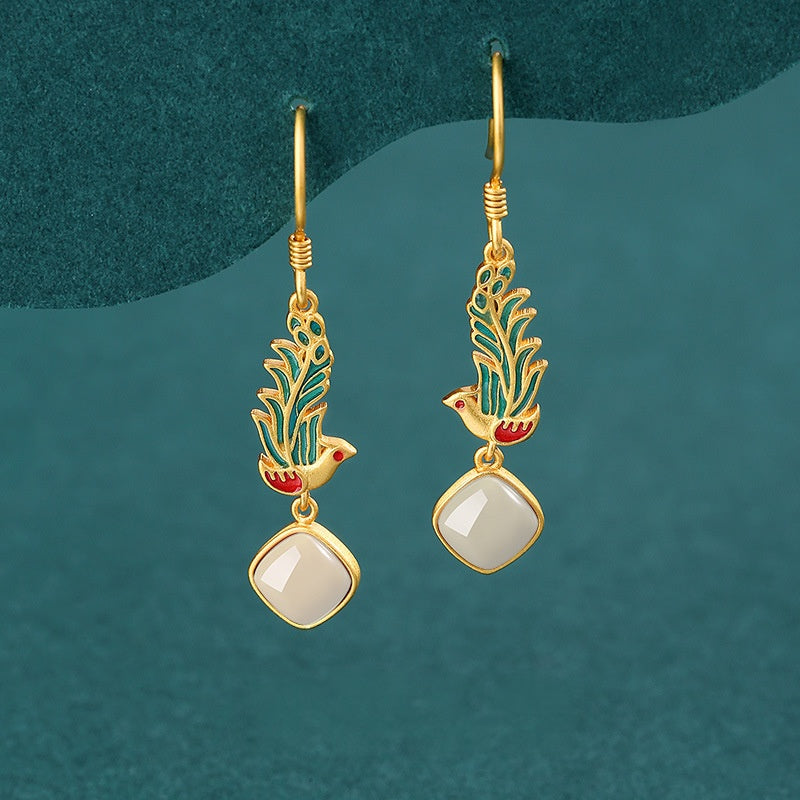 Peacock Nephrite Jade & Red Agate Drop Earrings-A Bright Future