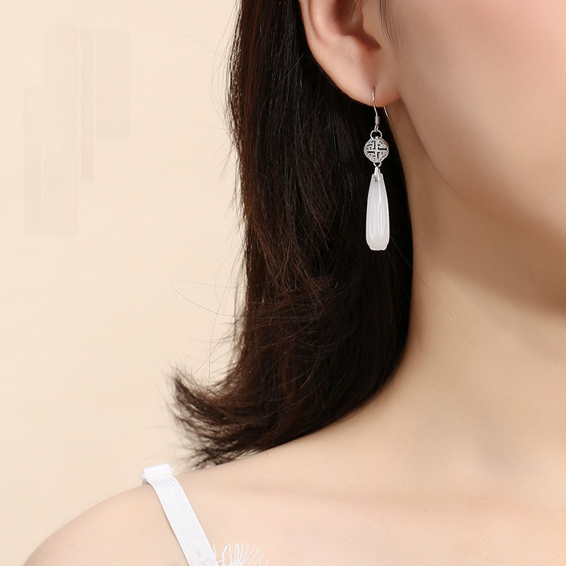 White Jade Magnolia Flower Silver Earrings