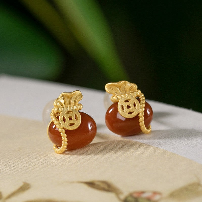 Red Agate Fortune Bag Earrings – 18K Gold-Plated Sterling Silver Studs