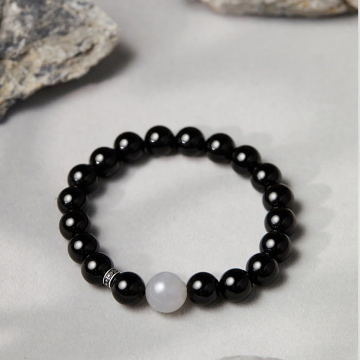 Obsidian & Cloud Quartz Bead Bracelet-Inner Completeness