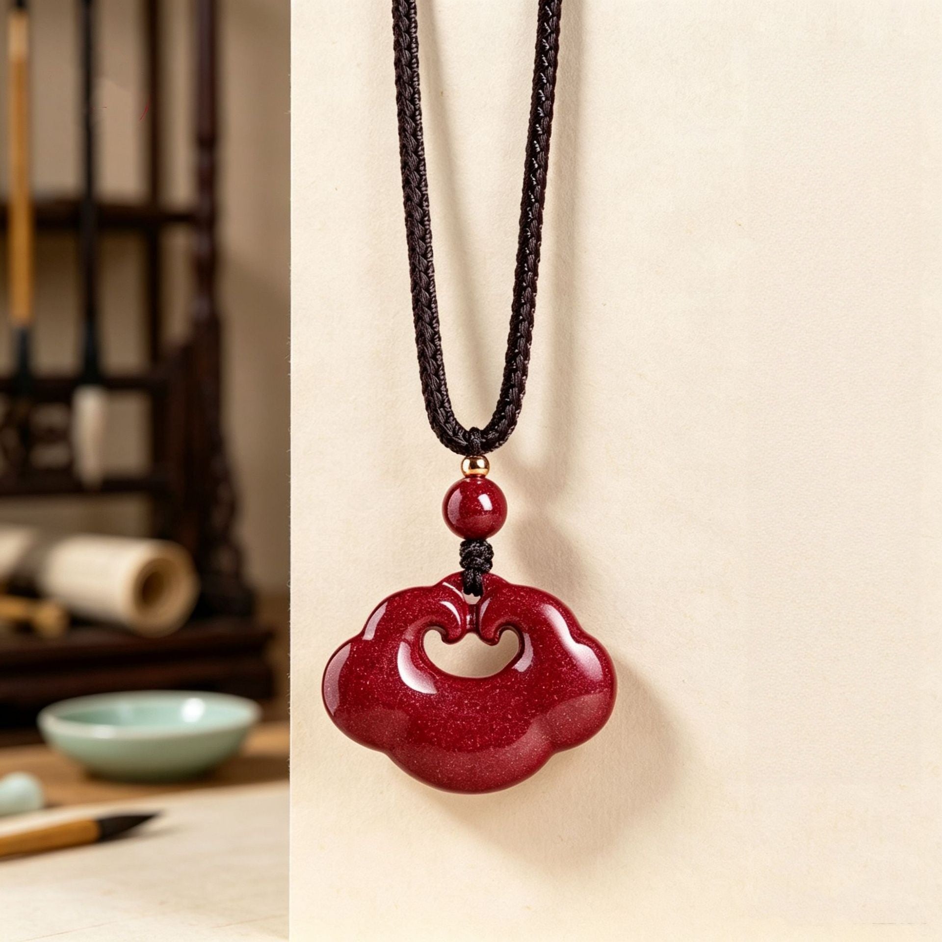 Red Cinnabar Ruyi Peace Lock Pendant Necklace-Peace Held Close