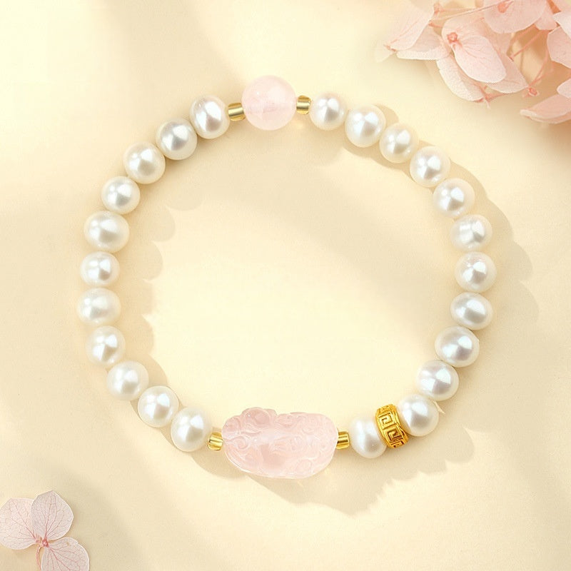 Rose Quartz Pixiu Bracelet with Pearls – 925 Silver Fortune & Peace Charm