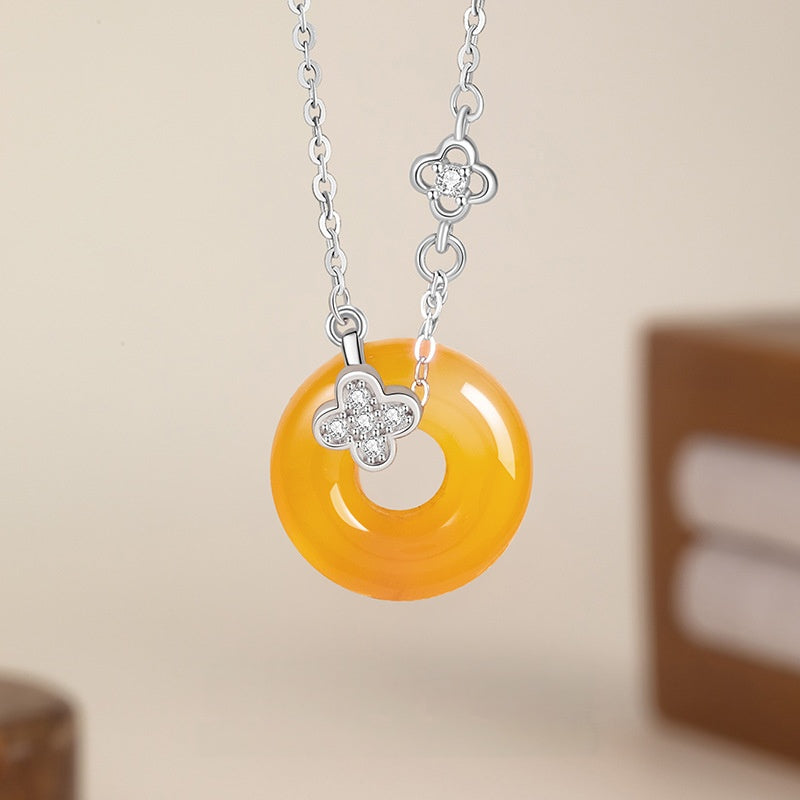 Four Leaf Clover Honey Orange Agate Necklace-Luck by Your Side
