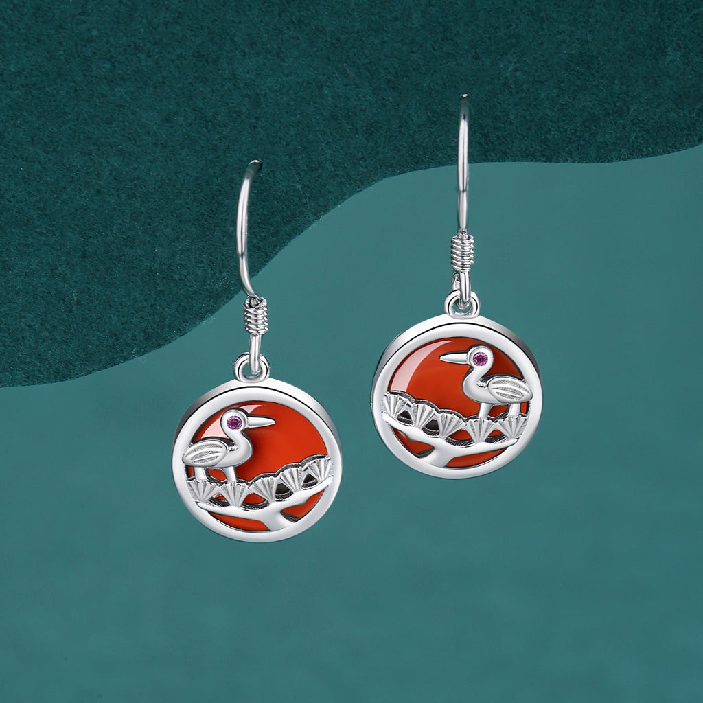 Crane Red Agate Sterling Silver Drop Earrings-A Wish for Long Life
