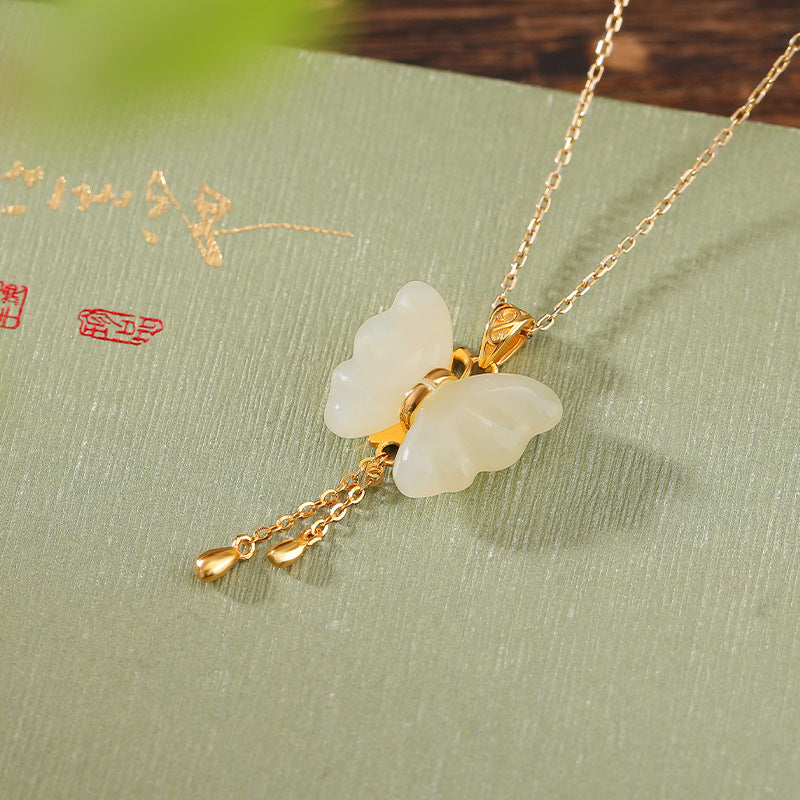 Nephrite Jade Butterfly Gold-Plated S925 Silver Necklace-Gentle Renewal