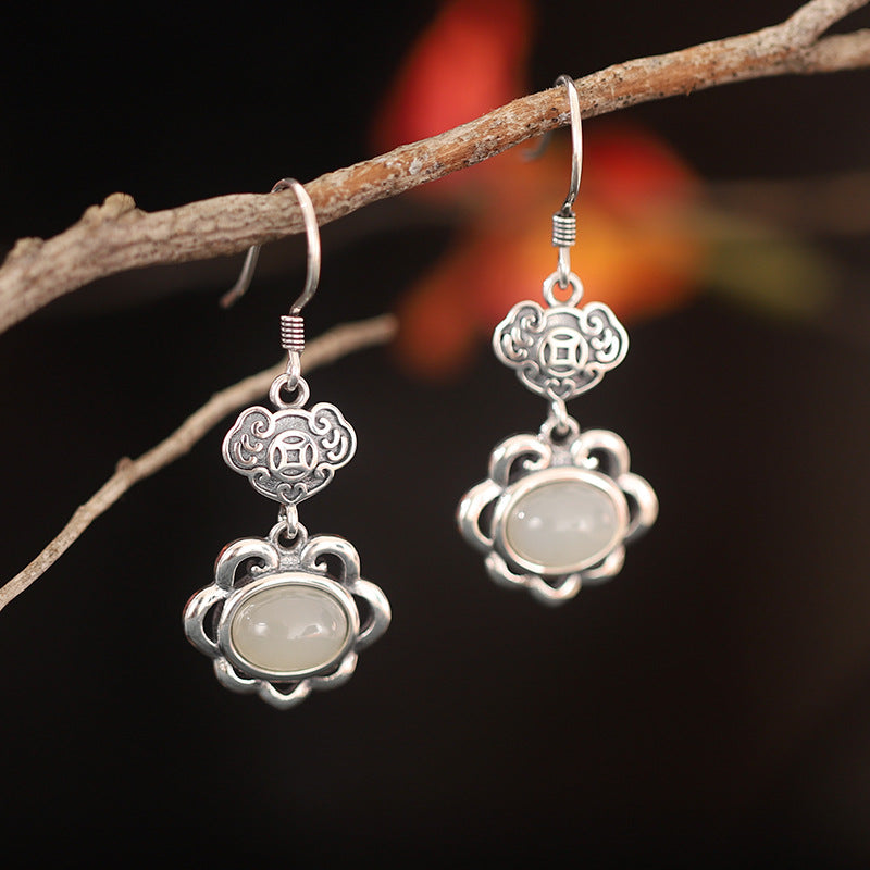 Auspicious Cloud Nephrite Jade or Red Agate S925 Silver Earrings-Wishes for Good Days