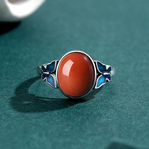 Blue Butterfly Red Agate Vintage Silver Ring-Luck Prosperity