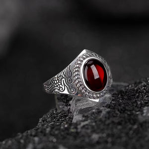 Zodiac Dragon Red Amber Silver Ring-Luck Prosperity