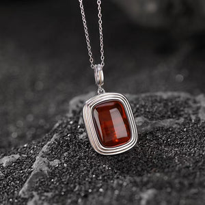 Natural Red Amber Pendant Silver Necklace-Luck Prosperity