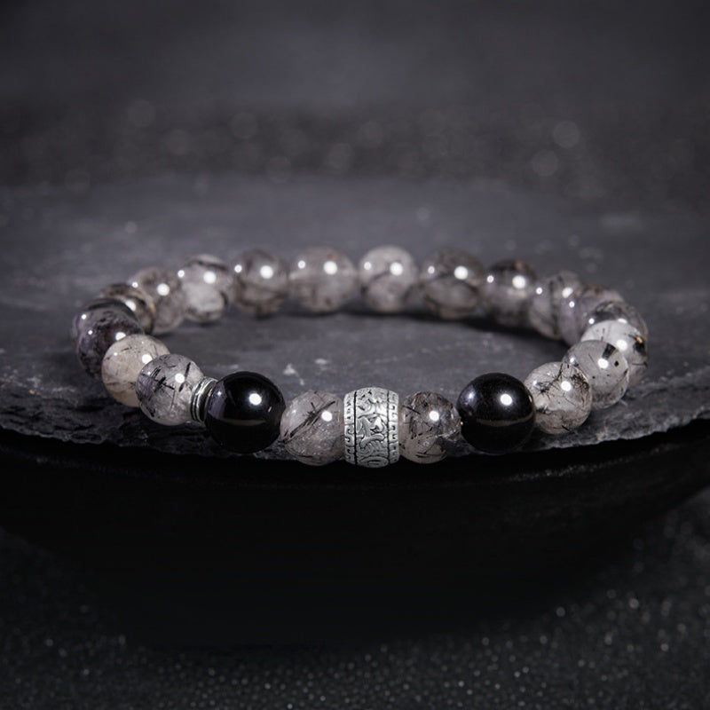 Obsidian and Black Rutilated Quartz Beaded Bracelet-Echoes of Wisdom
