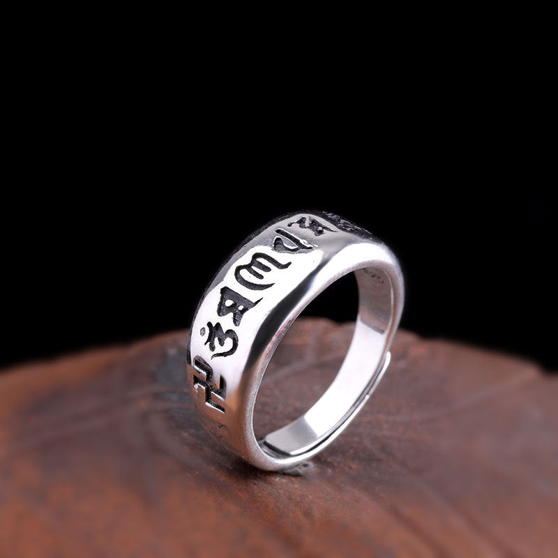 925 Sterling Silver Open Ring – Women’s Thai Silver Vintage Band with Six True Words Mantra