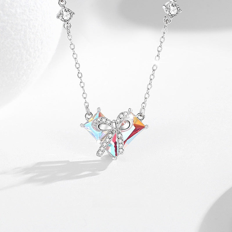 Bow and Heart Sterling Silver Necklace-Sweet Romance