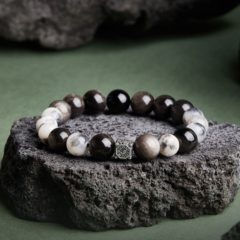 Inner Strength-Silver Sheen Obsidian Blue Tiger's Eye Beaded Bracelet