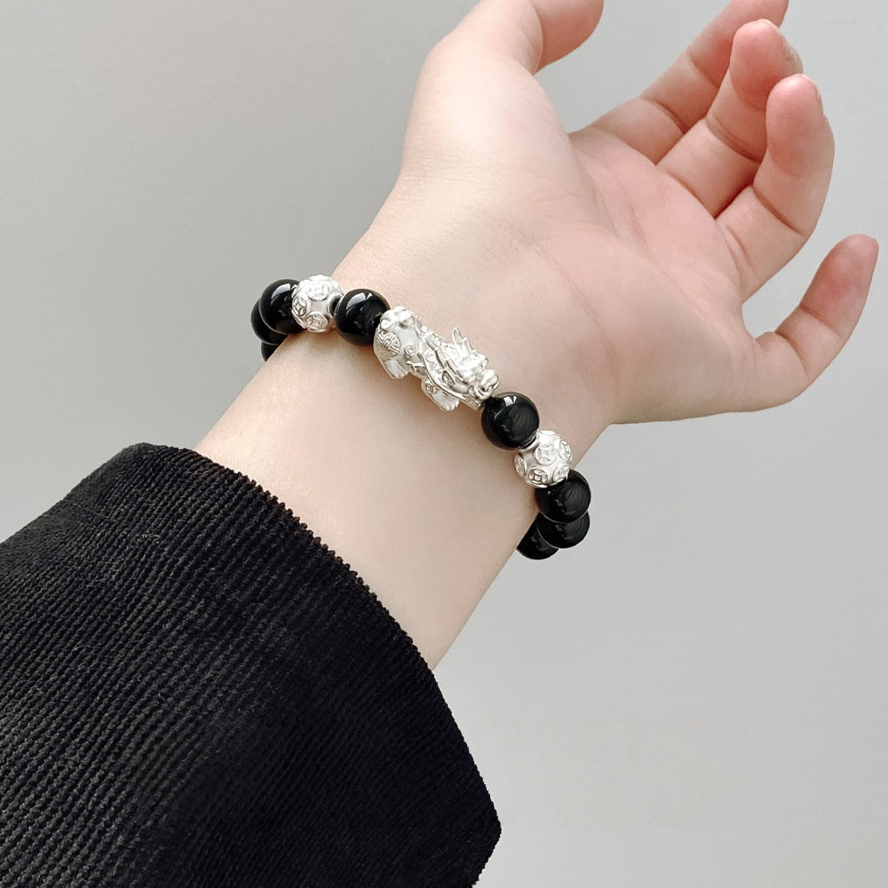 Prosperity & Protection-Pixiu Coin Obsidian Fine Silver Bracelet  Product
