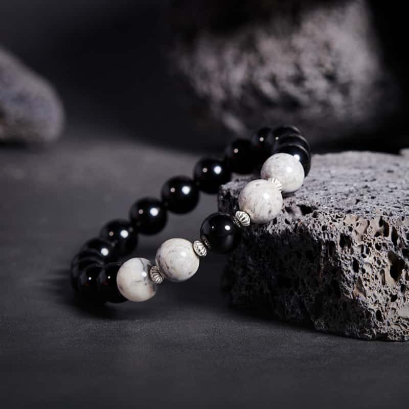 Obsidian and Map Jasper 925 Sterling Silver Beaded Bracelet-Quiet Contrast