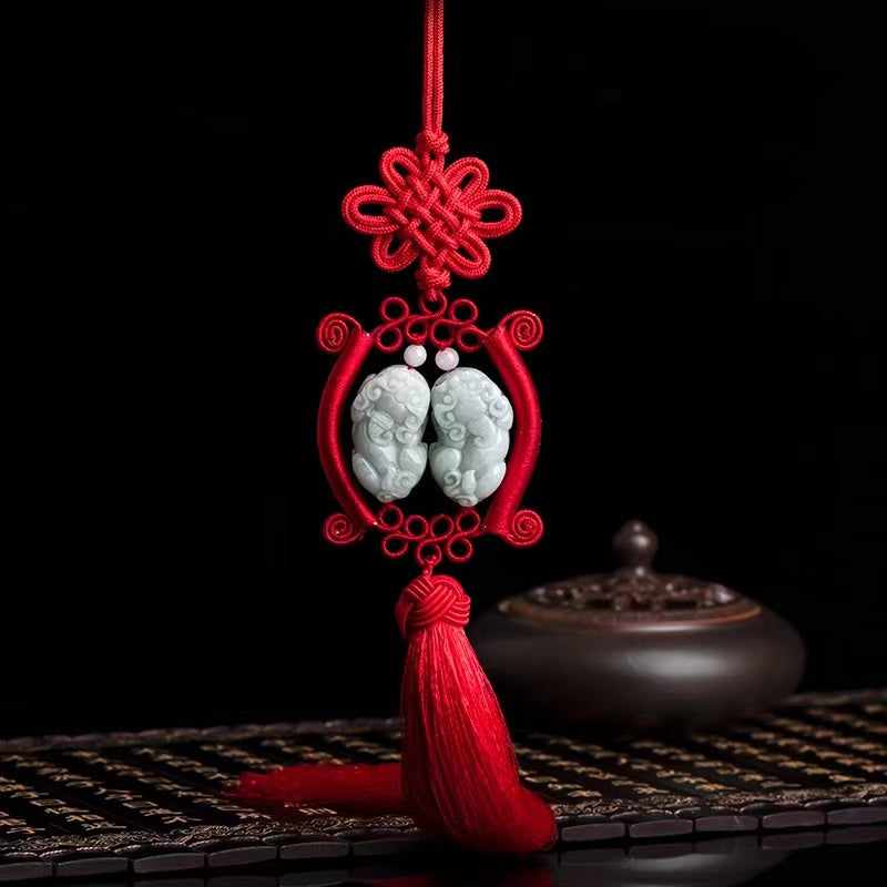 Double Pixiu Auto Hanging Ornament-Natural Jade
