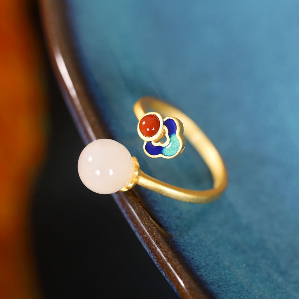 Enamel Nephrite Jade Red Agate Adjustable Ring-Color in Balance