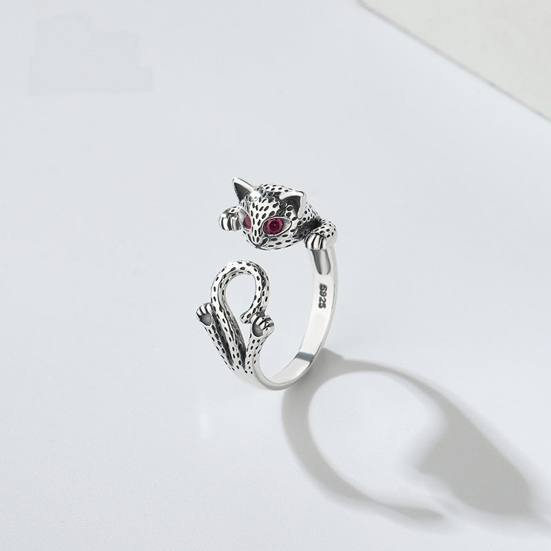 Feng Shui Wealth Cat Silver Ring