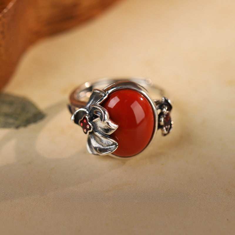 Crimson Bloom-Lotus Red Agate S925 Silver Ring