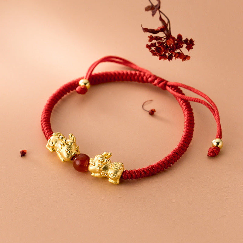 Auspicious Protection-Dual Pixiu Red Agate Red Cord Bracelet