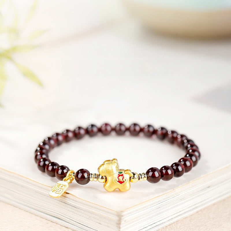 Gold-Plated Silver Lucky Horse Garnet Bracelet-Steady Beyond Obstacles