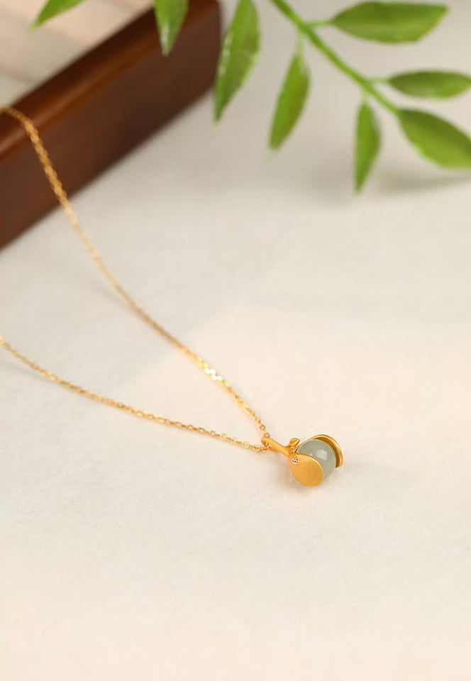 Gentle Essence Hetian Jade Pendant Necklace– S925 Sterling Silver with Ancient Gold Finish