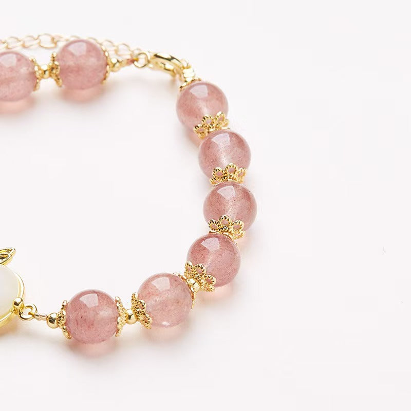 White Jade Rabbit Strawberry Quartz Bead Bracelet-Luck and Prosperity