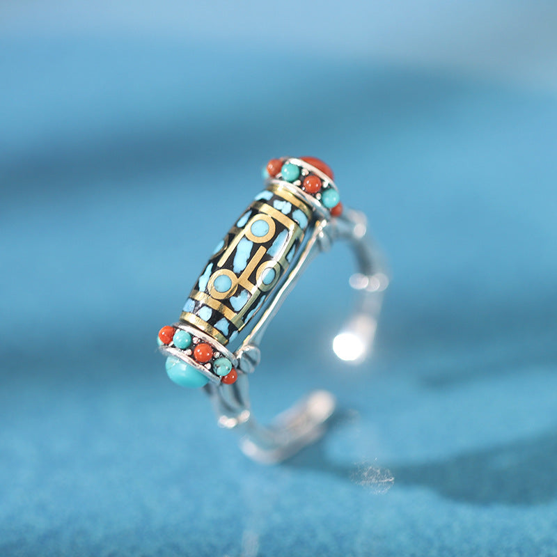 Tibetan Dzi Turquoise 925 Sterling Silver Ring-Mindful Serenity