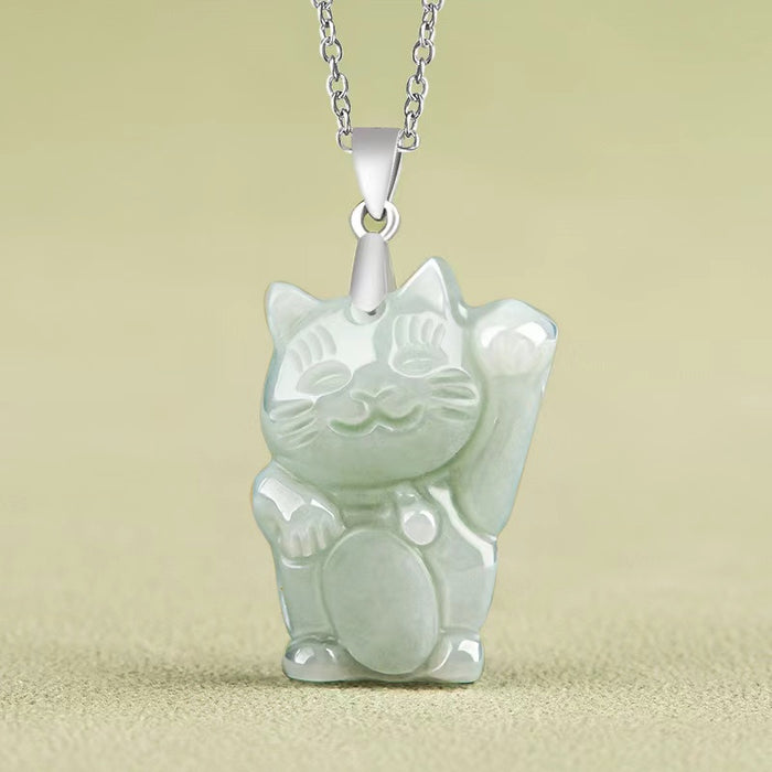 Maneki-neko White Jade Necklace-Lucky Fortune Waving Arm Cat