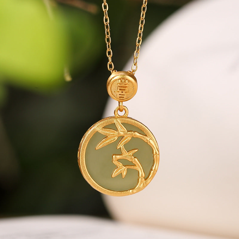 Natural Hetian Jade 925 Silver Bamboo Pendant Necklace