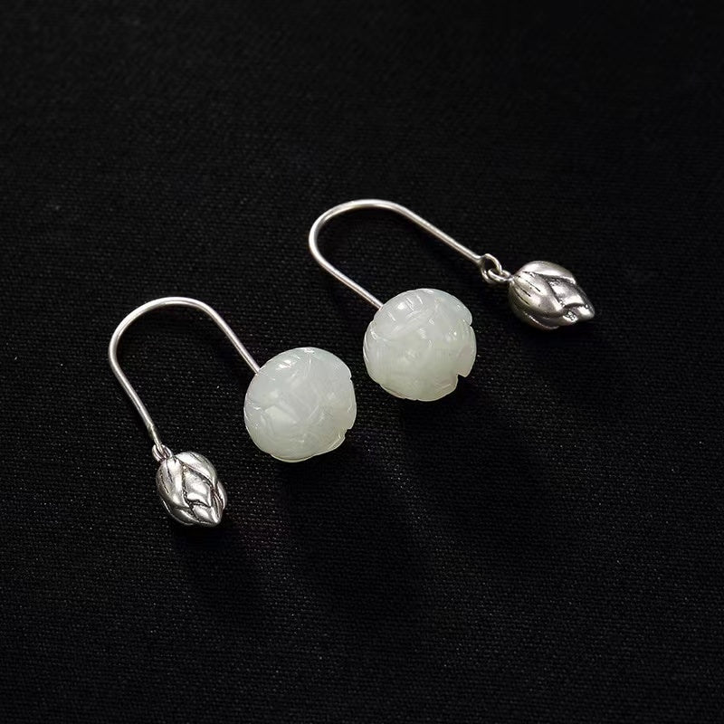 White Jade Lotus Silver Earrings-Inner Peace