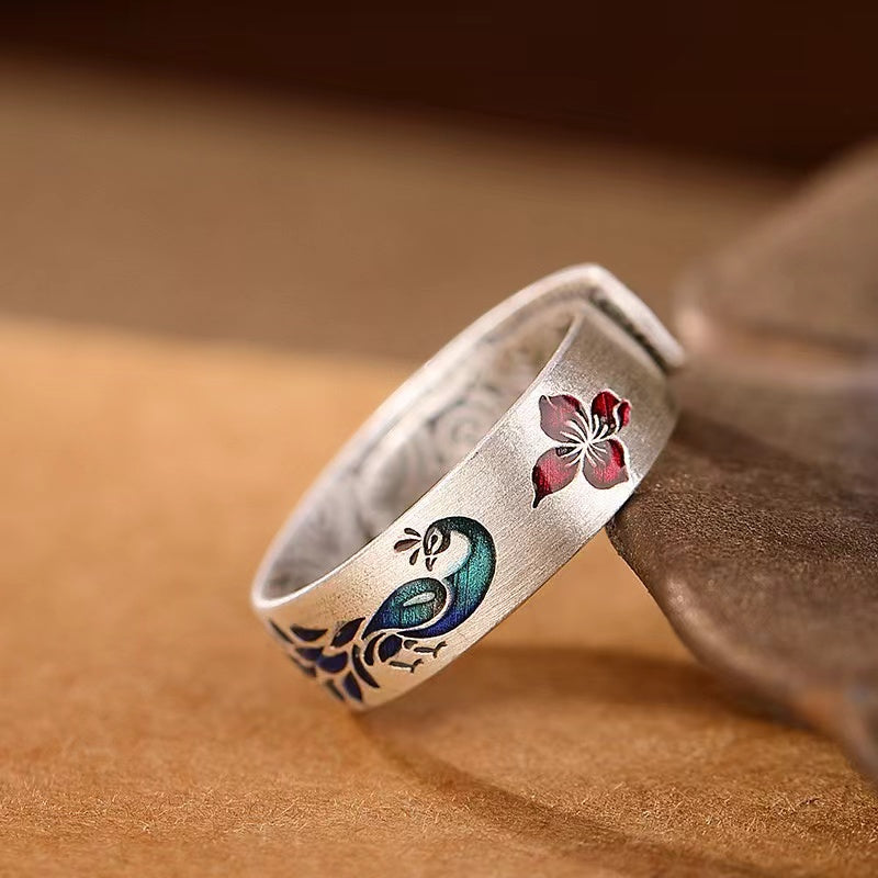 Peacoke Enamel Silver Ring-Protection Rebirth