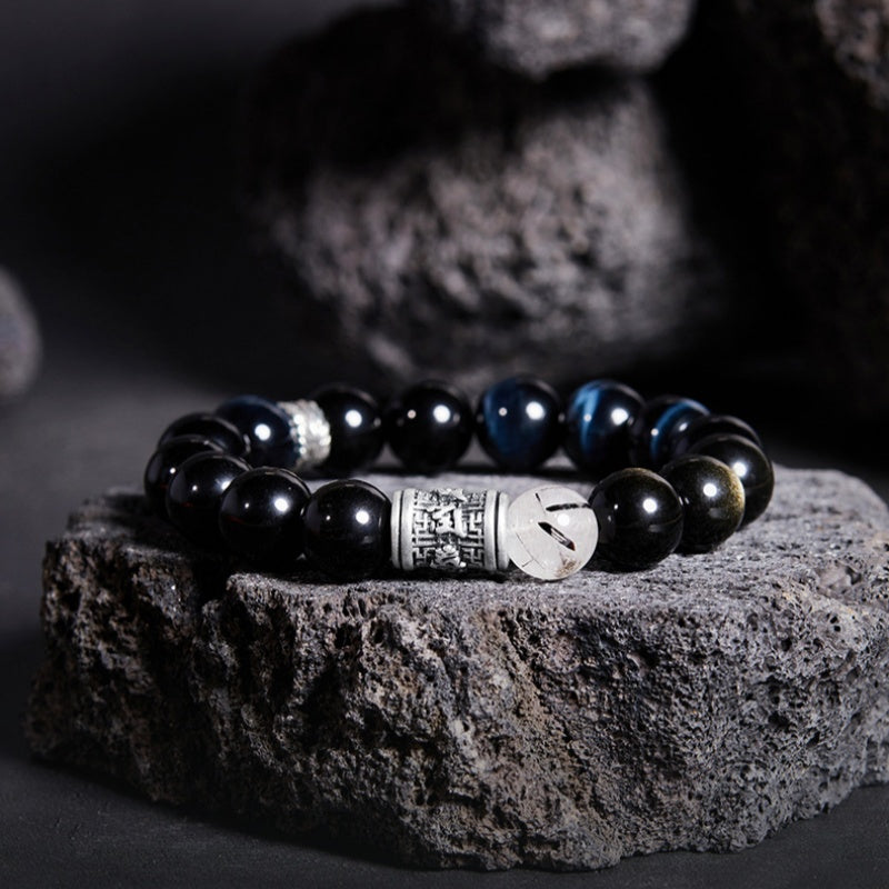 Peace and Protection-Six-Syllable Mantra Gold Sheen Obsidian Beaded Bracelet
