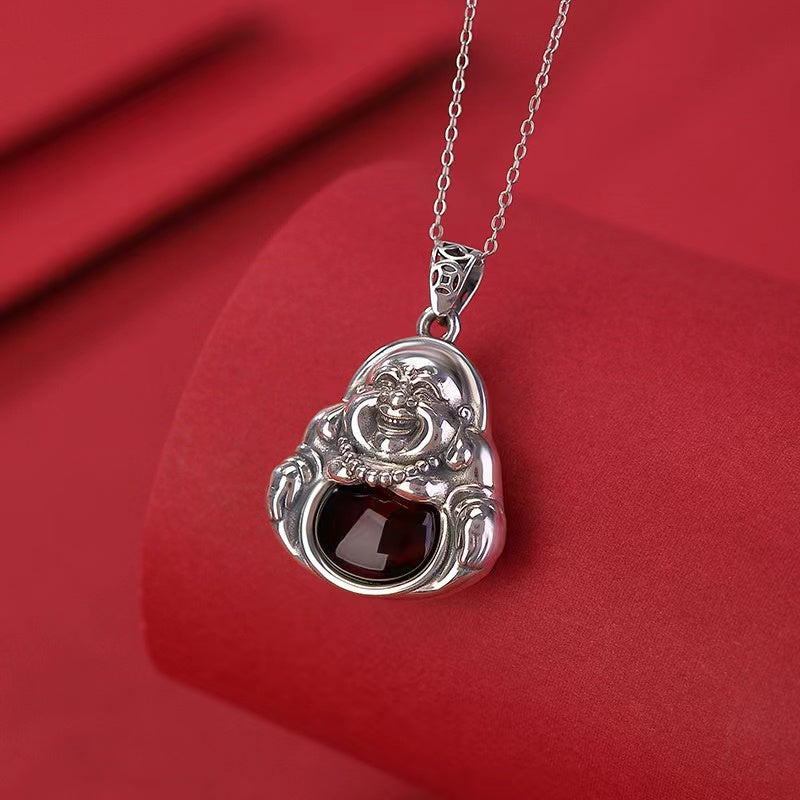 Natural Red Amber Laughing Buddha Silver Necklace-Divine Mind