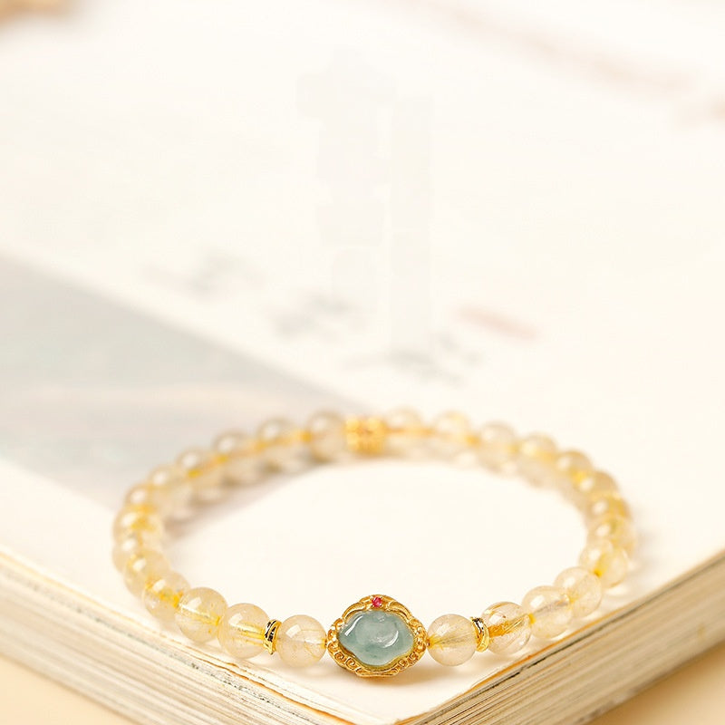 Blue-Water Jadeite Auspicious Cloud Golden Rutilated Quartz Bracelet-Steady Clarity