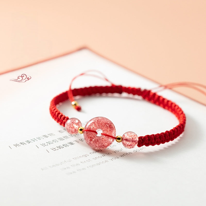 Peaceful Grace-Strawberry Quartz Ping An Kou Red String Bracelet