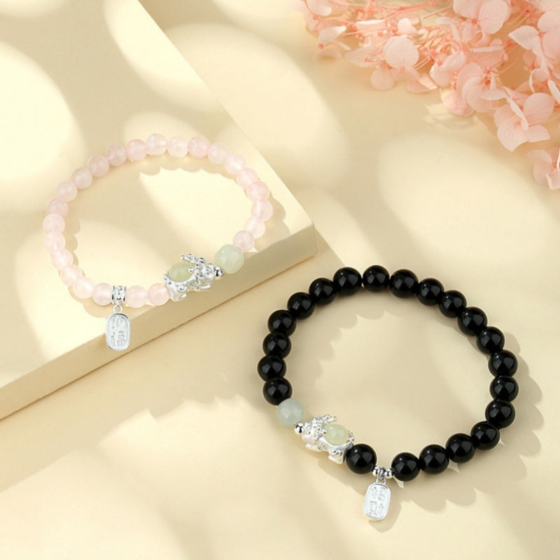 Dragon Pixiu Fine Silver Couple Beaded Bracelet-Welcoming Blessings