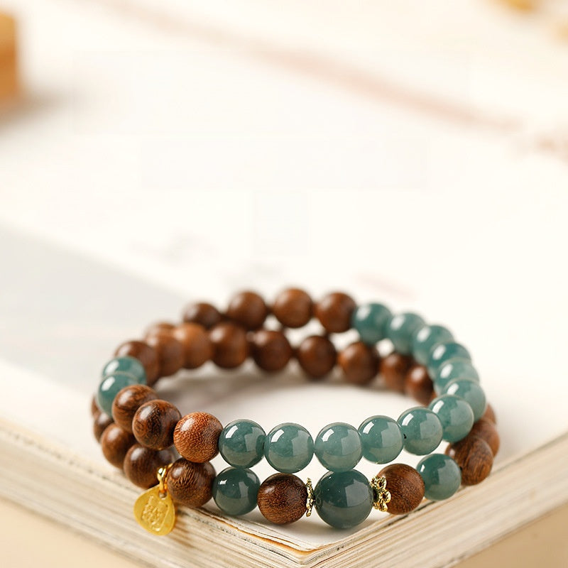 Sandalwood Blue Jadeite Double-Wrap Bracelet-Grounded Clarity
